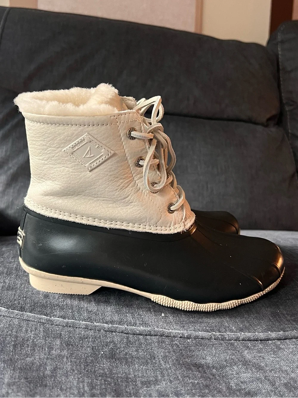 Sperry Two-Tone Lace-Up Waterproof Fur Lined Duck Boots - White & Black, Size 7